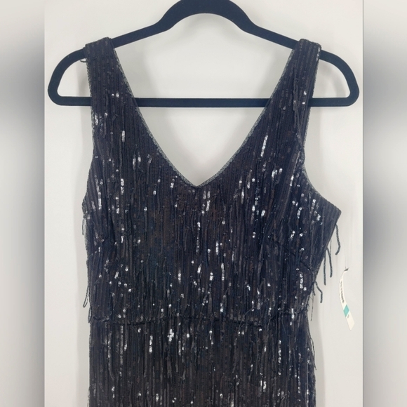 R&M Richards Fringe Sequined Cocktail Dress Black Maxi Size 8 New - Picture 3 of 7